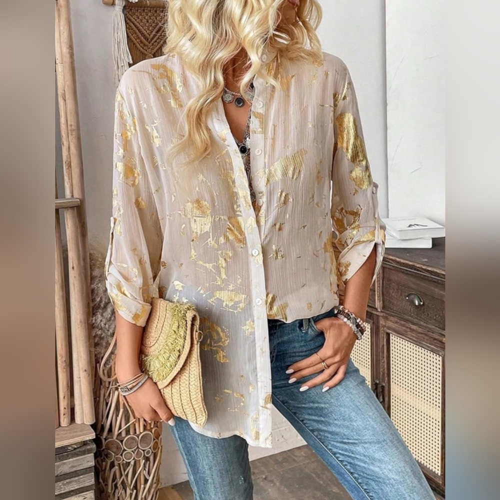 New Chic Gold Foil Semi Sheer Button Down Shirt Top Roll Tab Sleeve